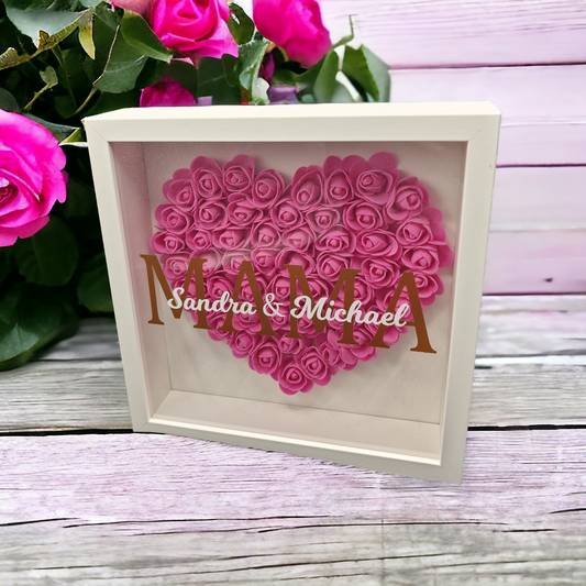Rosenherz im Bilderrahmen "MAMA mit Kindernamen" personalisierbar