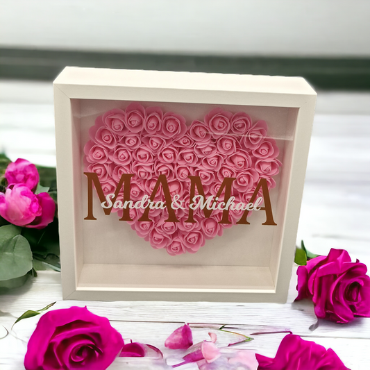Rosenherz im Bilderrahmen "MAMA mit Kindernamen" personalisierbar