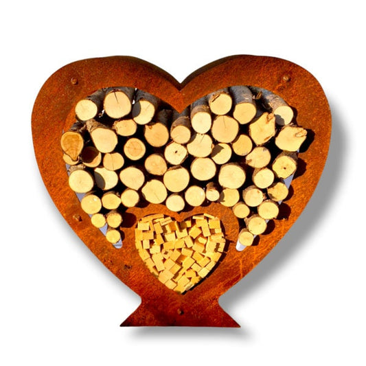 Brennholzregal Edelrost Kaminholz Herz, Herz aus Rost für Brennholz Kaminofenholz Rostherz
