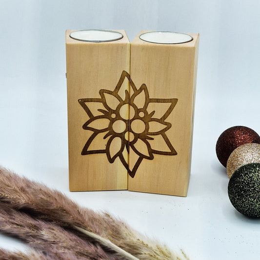 Zirbendeko Zirbensäulen Teelichthalter Kerzenhalter aus Holz Edelweiss