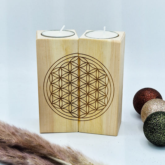 Zirbendeko Zirbensäulen Teelichthalter Kerzenhalter Blume des Lebens