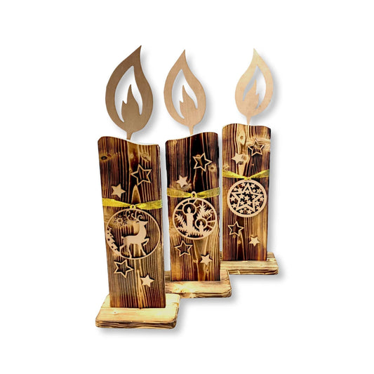 Kerze aus Holz mit Motivanhänger Weihnachtsdeko