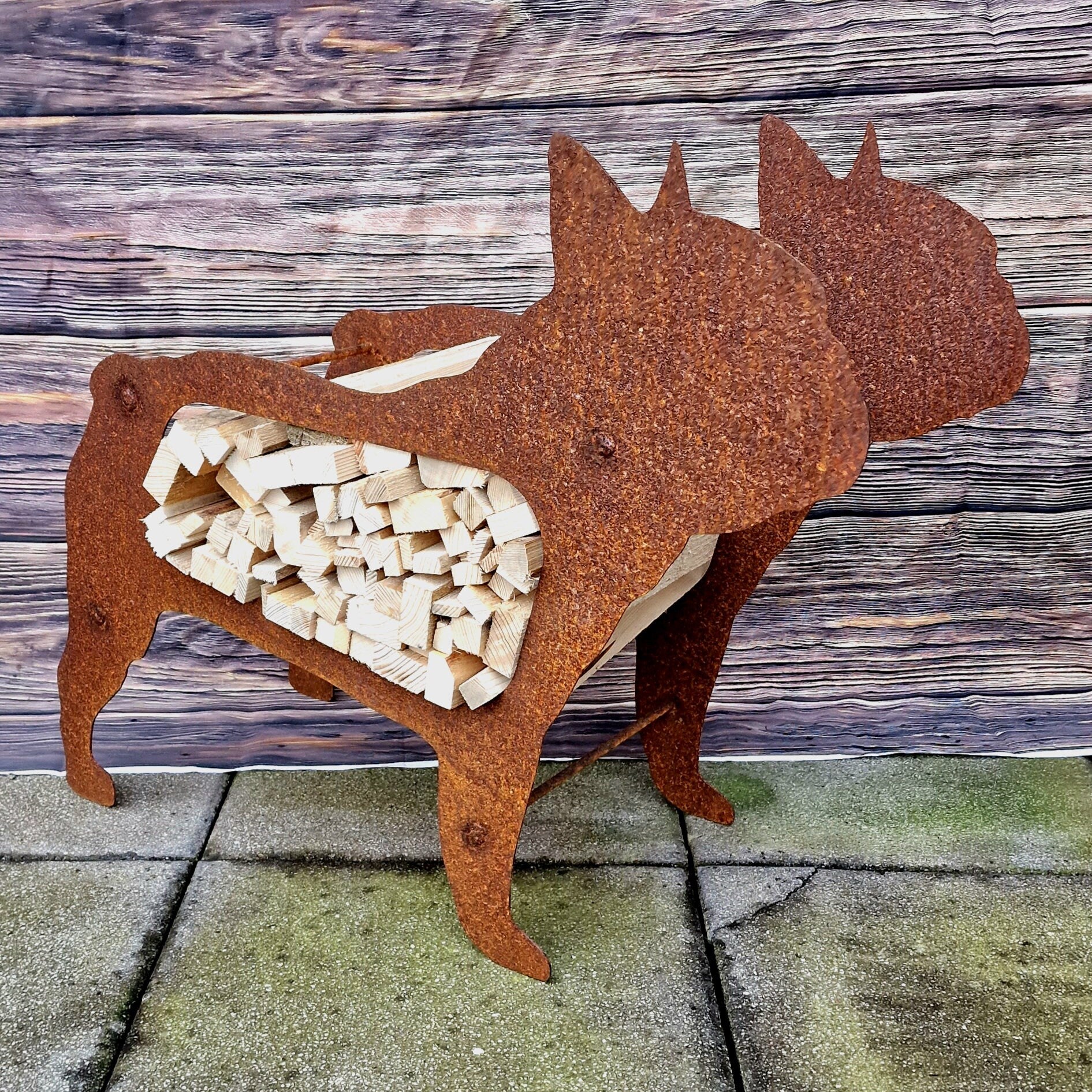 Brennholzregal Französische Bulldogge Hund aus Edelrost